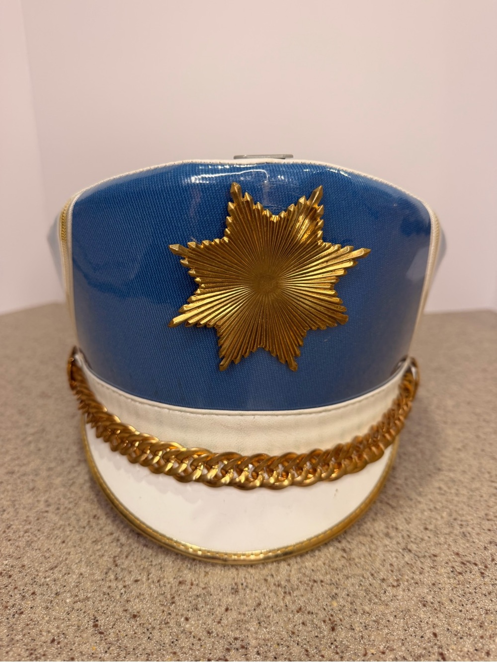 Vintage 1969 Marching Band Shako Hat Cap Blue White Gold Star Emblem Size 7 3/8
